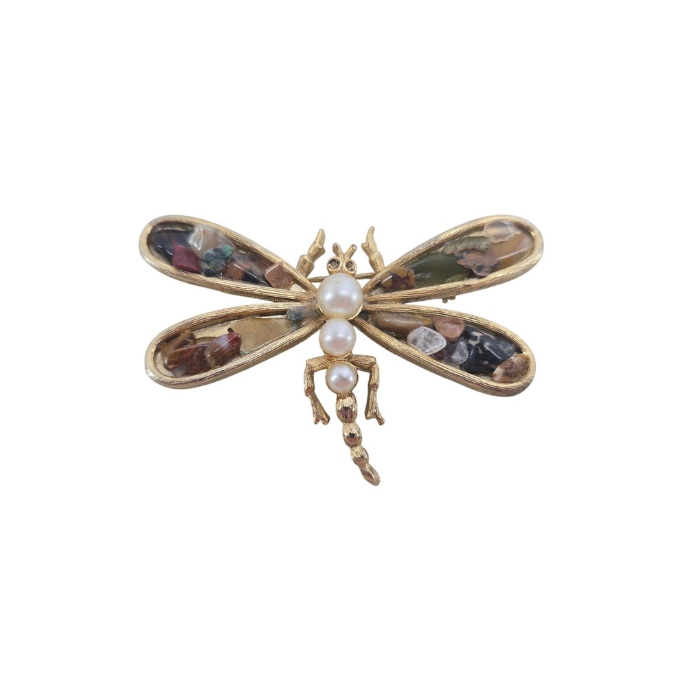 Unbranded Brooch Womens OS Dragonfly Gold Faux Pearl Mixed Stone EUC